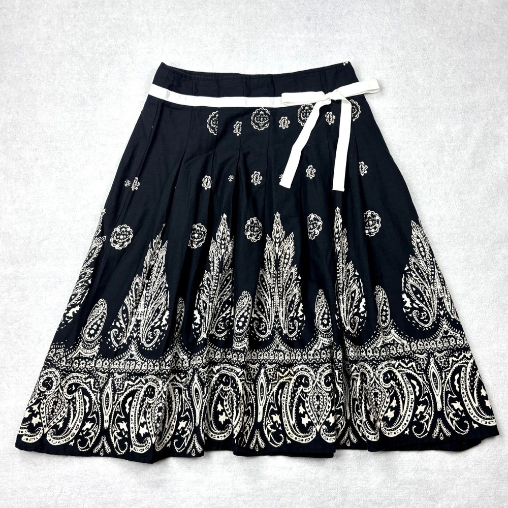 Cotton Express Black White Paisley Sequin Cotton Pleated Midi Skirt Small